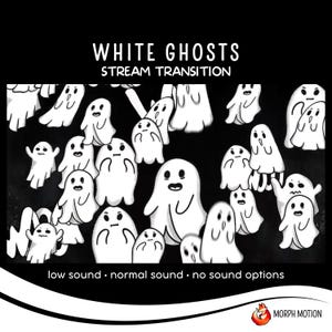 Könnte beinhalten: Eine Schwarzweißillustration eines Stream-Übergangseffekts mit weißen Geistern auf schwarzem Hintergrund. Der Text "WHITE GHOSTS STREAM TRANSITION" befindet sich oben im Bild. Der Text "low sound. normal sound. no sound options" befindet sich unten im Bild.