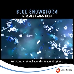 Peut inclure: Animation de tempête de neige bleue avec des flocons de neige blancs tombant sur un fond bleu. Le texte "BLUE SNOWSTORM STREAM TRANSITION" est en haut de l'image. Le texte "low sound - normal sound - no sound options" est en bas de l'image.