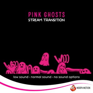 May include: Pink ghosts float across a black background with the text "PINK GHOSTS STREAM TRANSITION" at the top. The text "low sound - normal sound - no sound options" is at the bottom of the image.