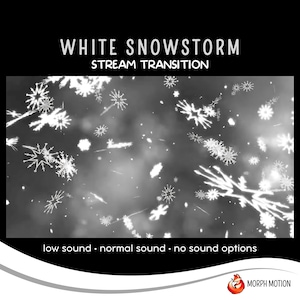 May include: White snowstorm animation with a gray background and white snowflakes falling. The text "White Snowstorm Stream Transition" is at the top of the image. The text "low sound - normal sound - no sound options" is at the bottom of the image.