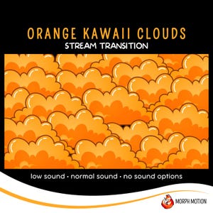 May include: Orange kawaii clouds stream transition with the text "low sound. normal sound. no sound options" and the logo "MORPH MOTION" at the bottom.