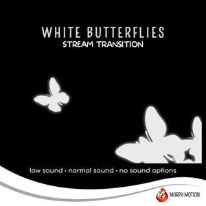 May include: White butterflies fly across a black background with the text "White Butterflies Stream Transition" and "low sound - normal sound - no sound options" at the bottom. The Morph Motion logo is in the lower right corner.