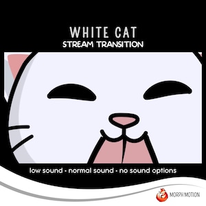 White Cat Animated Stream Transition with Audio, Twitch Stinger Transition, Kawaii Cat OBS, Cute Streaming Assets for VTuber Streamers