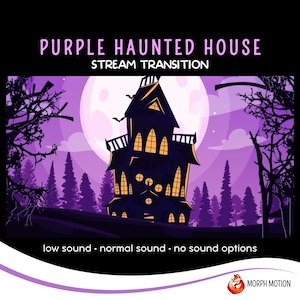 Może przedstawiać: Fioletowe animowane przejście z nawiedzonym domem do streamingu. Obraz przedstawia sylwetkę nawiedzonego domu ze świecącymi oknami na tle fioletowego nieba z pełnią księżyca.