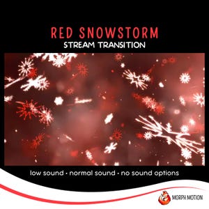 Peut inclure: Animation de tempête de neige rouge avec des flocons de neige blancs tombant sur un fond rouge. Le texte "RED SNOWSTORM STREAM TRANSITION" est en haut de l'image. Le texte "low sound - normal sound - no sound options" est en bas de l'image.