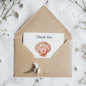 May include: A brown envelope with a white card inside. The card has a watercolor illustration of a seashell and the text "Thank You".