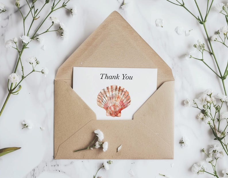 May include: A brown envelope with a white card inside. The card has a watercolor illustration of a seashell and the text "Thank You".
