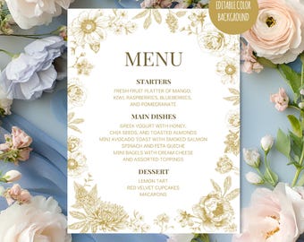 Gold Classic Menu Template | Editable Toile de Jouy Chinoiserie Style | Printable Custom Canva Menu for Wedding, Birthday & Bridal Shower