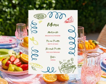 Italian Menu Template | Editable Canva Menu for Pizza & Pasta Party | Printable Whimsical and Modern Design for Weddings and Dinner Parties