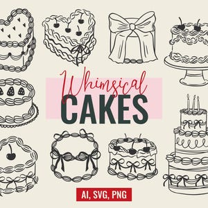 Conjunto de bolo caprichoso SVG e PNG - Ícones desenhados à mão para casamentos, despedidas de solteira, aniversários e muito mais | Arquivos Canva editáveis