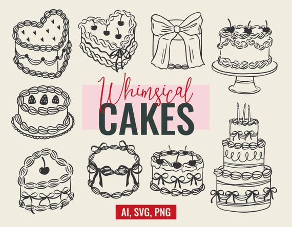 Whimsical Cake SVG & PNG Set - Hand-Drawn Icons for Weddings, Bachelorette Parties, Birthdays, and More | Editable Canva Files
