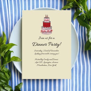 May include: A cream-colored dinner party invitation with a three-tiered cake illustration. The invitation text reads "Join us for a Dinner Party!" and includes the date, time, and host's information. The invitation is on a white plate, with a blue and white striped background.
