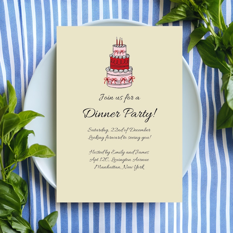 May include: A cream-colored dinner party invitation with a three-tiered cake illustration. The invitation text reads "Join us for a Dinner Party!" and includes the date, time, and host's information. The invitation is on a white plate, with a blue and white striped background.