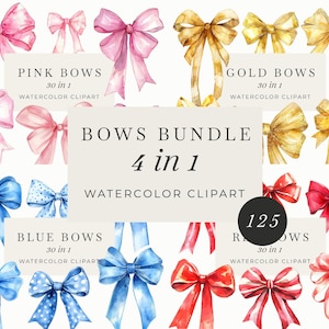 May include: A set of 125 watercolor bow clipart images in four colors: pink, gold, blue, and red. Each color set includes 30 different bow designs. The image shows a variety of bow shapes and sizes, all painted in a watercolor style.