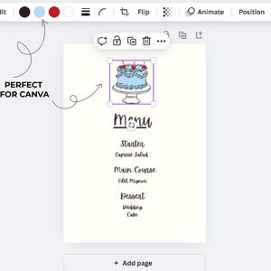 May include: A digital menu template with a light blue cake illustration. The menu includes sections for starter, main course, and dessert, with "Wedding Cake" listed. The text "PERFECT FOR CANVA" is also visible.