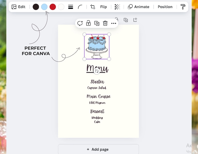 May include: A digital menu template with a light blue cake illustration. The menu includes sections for starter, main course, and dessert, with "Wedding Cake" listed. The text "PERFECT FOR CANVA" is also visible.