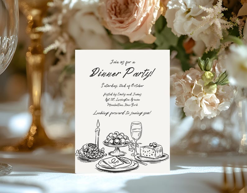 以下が含まれることがあります： 「Join us for a Dinner Party!」と書かれた白いカード。日付、主催者、住所、ワイングラス、チーズ、ブドウ、キャンドルが置かれたテーブルセッティングの手描きイラストも含まれています。