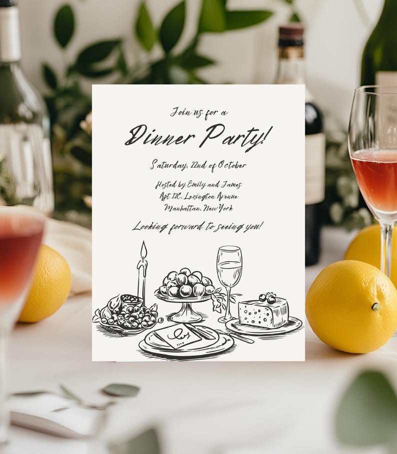 以下が含まれることがあります： 「Join us for a Dinner Party!」というテキストが書かれた、白黒のディナーパーティー招待状のイラスト。土曜日、10月22日。エミリーとジェームズ主催。Apt 12C. Lexington Avenue. Manhattan. New York. お会いできるのを楽しみにしています！