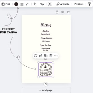 May include: A black and white illustration of a cake with a cherry on top. The illustration is on a white background with the text "Menu" above it. The text below the illustration says "Cake".