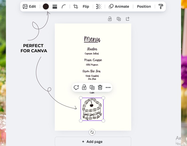 May include: A black and white illustration of a cake with a cherry on top. The illustration is on a white background with the text "Menu" above it. The text below the illustration says "Cake".