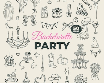 Bachelorette Party Clipart Bundle | Coquette Wedding Doodles, Cowgirl & Casino Icons, Quirky Cocktails, Canva SVGs for Invites