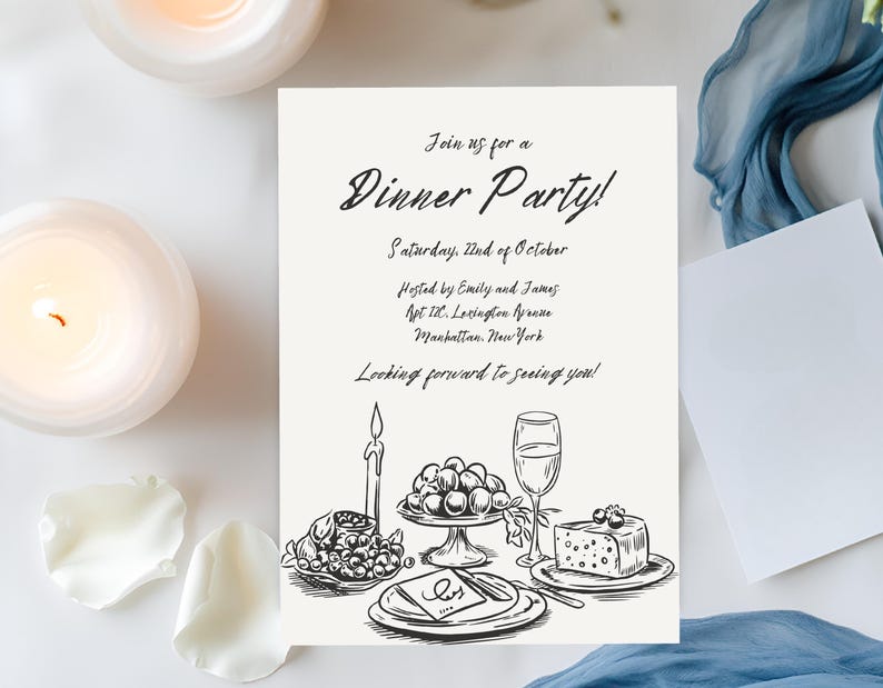 以下が含まれることがあります： 「Join us for a Dinner Party!」というテキストが書かれた、白黒のディナーパーティー招待状のイラスト。土曜日、10月2日。エミリーとジェームズ主催。アパート12C、ラビングトンアベニュー。マンハッタン、ニューヨーク。お会いできるのを楽しみにしています！