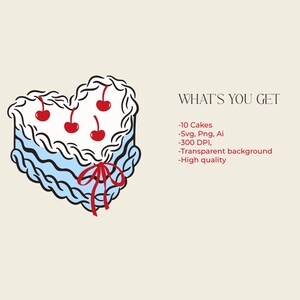 May include: A heart-shaped cake illustration with white frosting, blue layers, and red cherries. A red ribbon is tied at the bottom. The text "WHAT'S YOU GET" is above a list of details about the product.