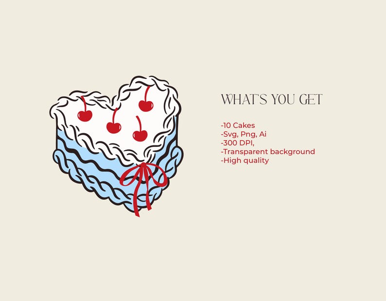 May include: A heart-shaped cake illustration with white frosting, blue layers, and red cherries. A red ribbon is tied at the bottom. The text "WHAT'S YOU GET" is above a list of details about the product.