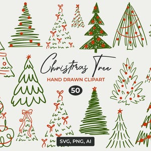 May include: A collection of hand-drawn Christmas tree clipart in green and red. The image includes various tree designs, some with ornaments and bows, and the text "Christmas Tree Hand Drawn Clipart 50".