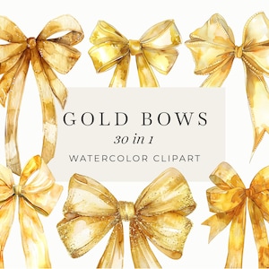 Gold Bow Clipart | Watercolor Bows & Ribbons | Yellow Girly Clipart PNG | Cute Baby Scrapbooking | Junk Journal kit | Digital Download