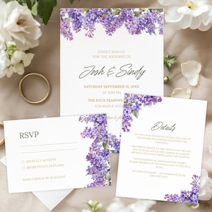 May include: Wedding invitation with a purple floral design. The invitation reads "Kindly join us for the wedding of Josh & Sindy, Saturday September 21, 20XX at 3:00 PM, The Four Seasons, 1234 Maple Avenue".