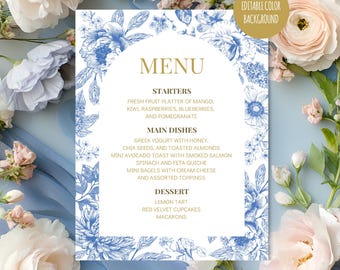 Blue Classic Menu Template | Editable Toile de Jouy Chinoiserie Style | Printable Custom Canva Menu for Wedding, Birthday & Bridal Shower