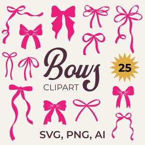 Coquette Bow SVG-bundel | Pink Ribbon-clipart, handgetekende strikken voor de Cricut, schattige strikillustraties, grappige illustraties, digitale download