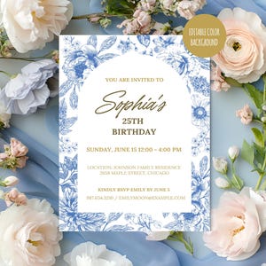 Birthday Invitation Template | Toile de Jouy Blue Floral Design | Classic Elegant Party Invite | Editable Canva Template for Womens Birthday