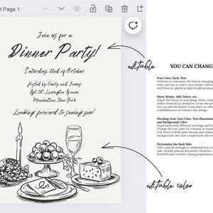 以下が含まれることがあります： キャンドル、ワイングラス、フルーツ、チーズの皿が置かれたテーブルセッティングを手書きで描いた、白黒のディナーパーティー招待状のイラスト。テキストには「ディナーパーティーにご参加ください！ 10月12日（土曜日） エミリーとジェームズ主催 アパート120、レキシントンアベニュー マンハッタン、ニューヨーク お会いできるのを楽しみにしています！」と書いてあります。