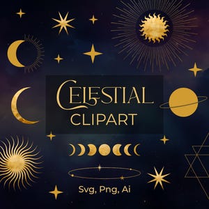 Hemelse sterren, maan en zon Png & Svg Clipart | Gouden sterren, zonnestraal, maanstanden en astrologie SVG voor Cricut, digitale print