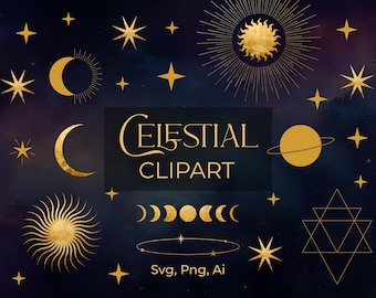 Puede incluir: Elementos de imágenes prediseñadas celestiales dorados sobre un fondo azul oscuro. El diseño incluye estrellas, lunas, soles, planetas y formas geométricas. El texto "Celestial Clipart" se muestra en una elegante escritura dorada. La imagen también incluye los tipos de archivo: Svg, Png, Ai.