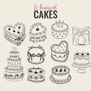 May include: Whimsical Cakes is the title of this black and white illustration of ten different cakes. The cakes are decorated with cherries, bows, hearts, and candles.