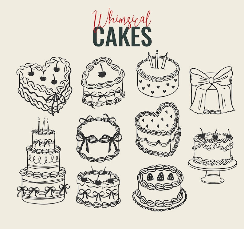 May include: Whimsical Cakes is the title of this black and white illustration of ten different cakes. The cakes are decorated with cherries, bows, hearts, and candles.