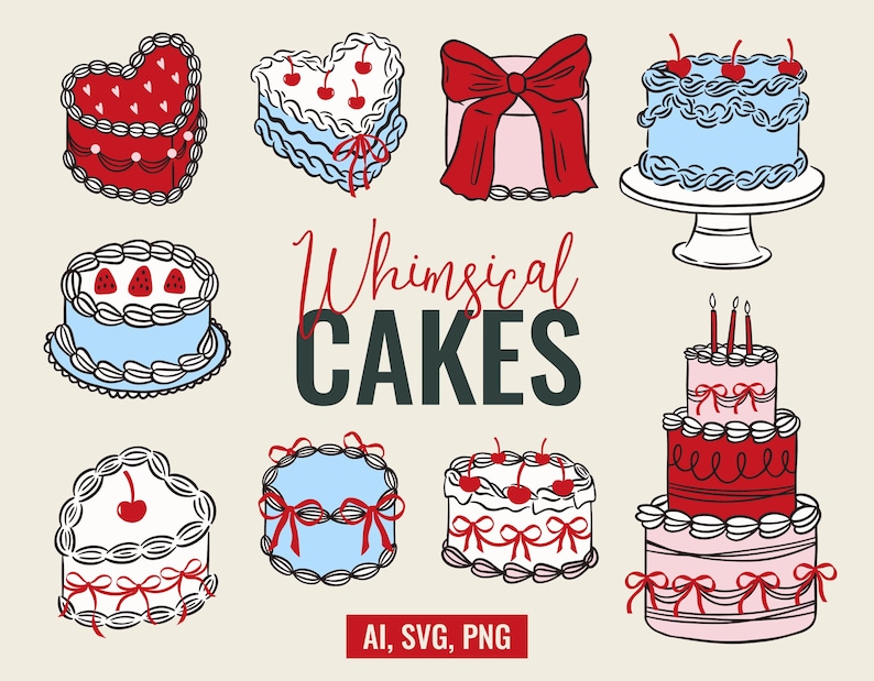 May include: A collection of whimsical cake illustrations in various shapes and designs. The cakes feature red, white, and blue color schemes, with cherries, bows, and decorative frosting. The text "Whimsical Cakes" is displayed in a playful font.