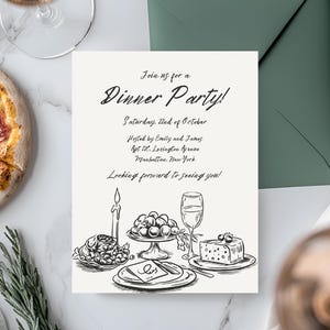 以下が含まれることがあります： 「Join us for a Dinner Party!」「Saturday, 22nd of October」「Hosted by Emily and James」「Apt. 12, Lorington Avenue」「Manhattan, New York」「Looking forward to seeing you!」というテキストが書かれた、白黒の夕食パーティー招待状のイラストです。