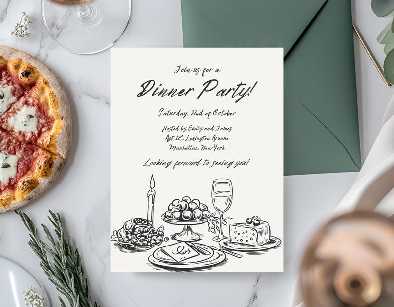 以下が含まれることがあります： 「Join us for a Dinner Party!」「Saturday, 22nd of October」「Hosted by Emily and James」「Apt. 12, Lorington Avenue」「Manhattan, New York」「Looking forward to seeing you!」というテキストが書かれた、白黒の夕食パーティー招待状のイラストです。