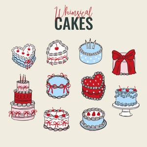 May include: An illustration of various whimsical cakes. The cakes are in different shapes, including heart and round, and decorated with cherries, bows, and candles. The text "Whimsical CAKES" is at the top.