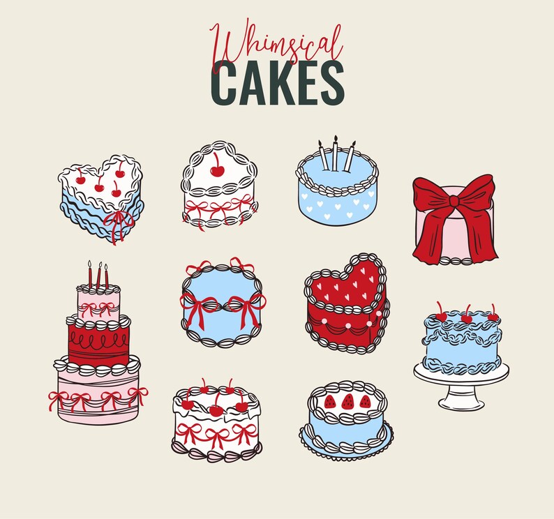 May include: An illustration of various whimsical cakes. The cakes are in different shapes, including heart and round, and decorated with cherries, bows, and candles. The text "Whimsical CAKES" is at the top.