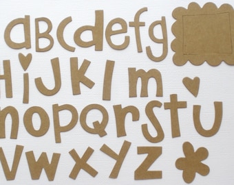 1" to 1.5" - CUTE FONT - 63 Piece Set - Letters / Mini Frames / Heart / Flowers - Raw CHiPBOARD Die Cuts -