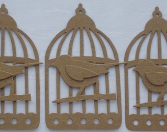 3 BiRD CAGE w/ Birds Raw CHiPBOARD Bare Die Cuts