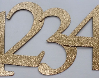 4" Wedding Table Numbers - GLiTTER Top Coat CHiPBOARD - Elegant Font - Color Choice: SAND GOLD Shown