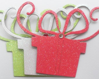 6 Fancy Gifts - CHRISTMAS PRESENTS  - Glitter Chipboard Die Cut Embellishments -  3 1/2" x 4 1/4"