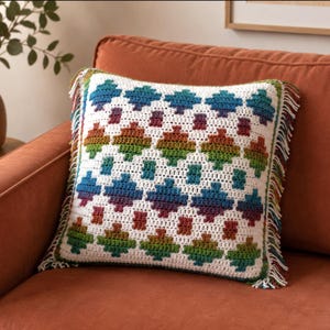 May include: A square crochet throw pillow featuring a white background with a repeating diamond pattern in gradient rainbow colors including blue, purple, orange, and green. The pillow is finished with a multi-colored fringe along the side edges.