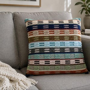 May include: A square throw pillow featuring a multi-colored crochet pattern with horizontal stripes in shades of navy blue, cream, rust orange, olive green, light blue, charcoal gray, mint green, and tan, arranged in a repeating textured stitch design.